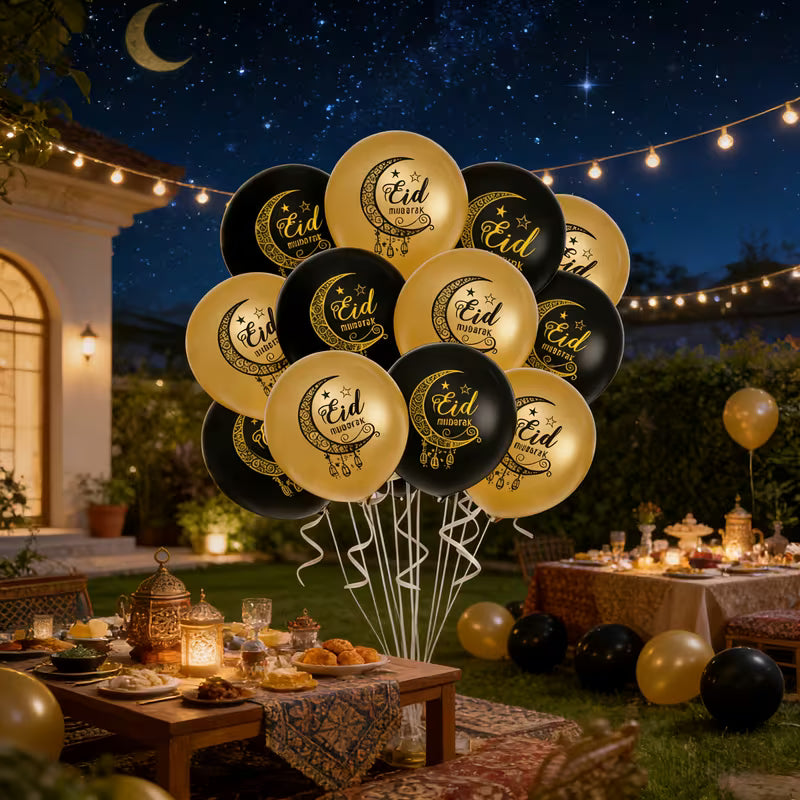 Eid Mubarak Ballons Set Schwarz-Gold – 12 Stück Ramadan Party Deko