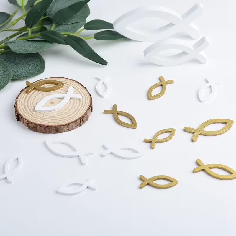 90 Holz Fisch Ornamente in Weiß und Gold