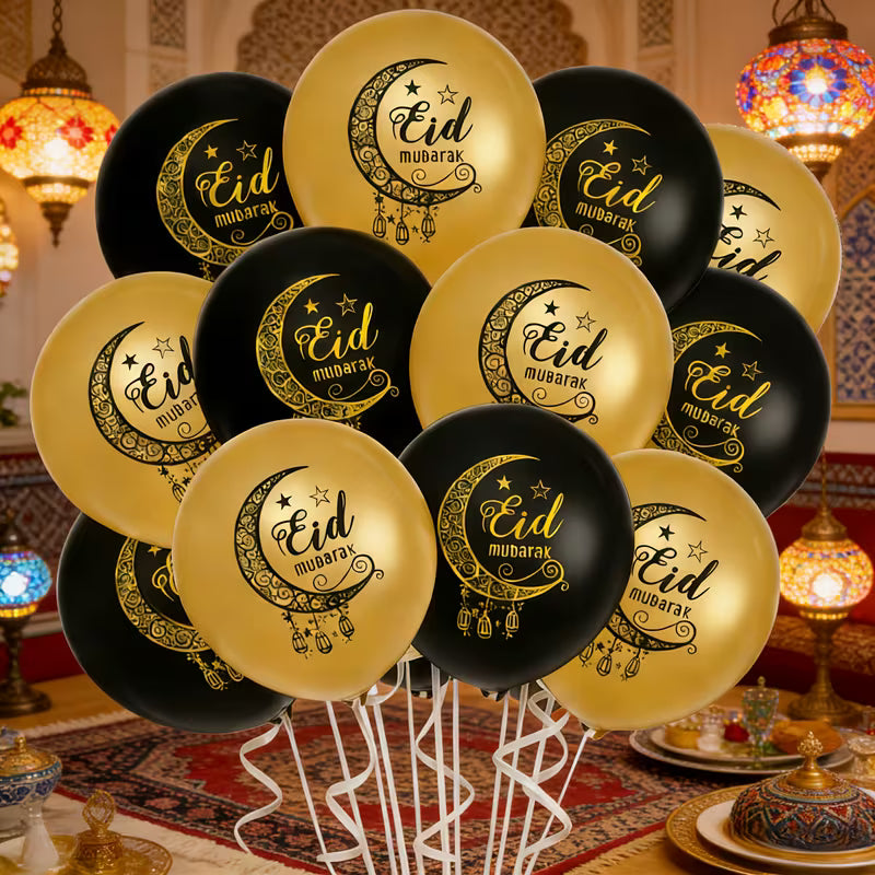 Eid Mubarak Ballons Set Schwarz-Gold – 12 Stück Ramadan Party Deko