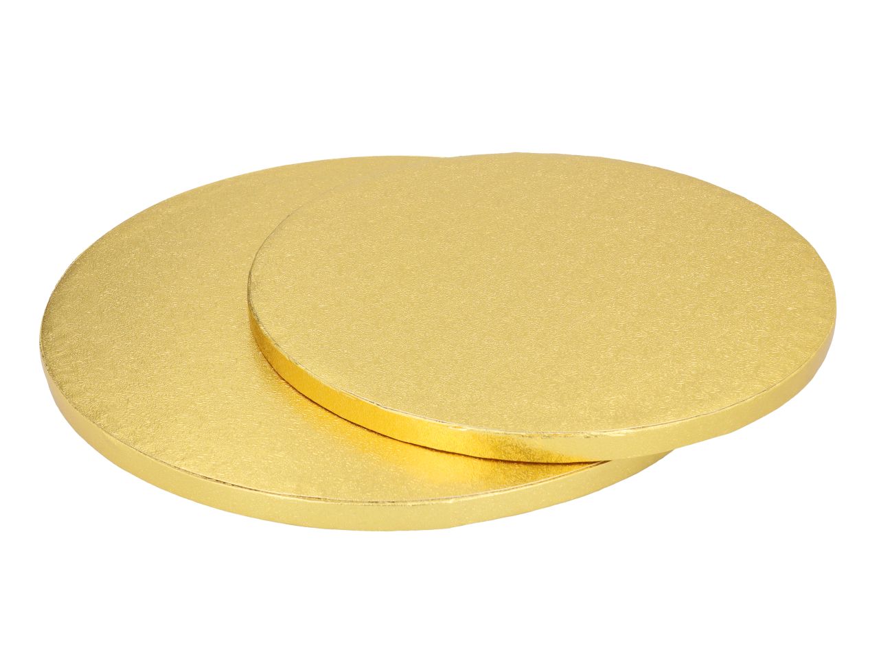 zwei runde Tortenunterlagen in gold, der größe nach aufeinander gestapelt 