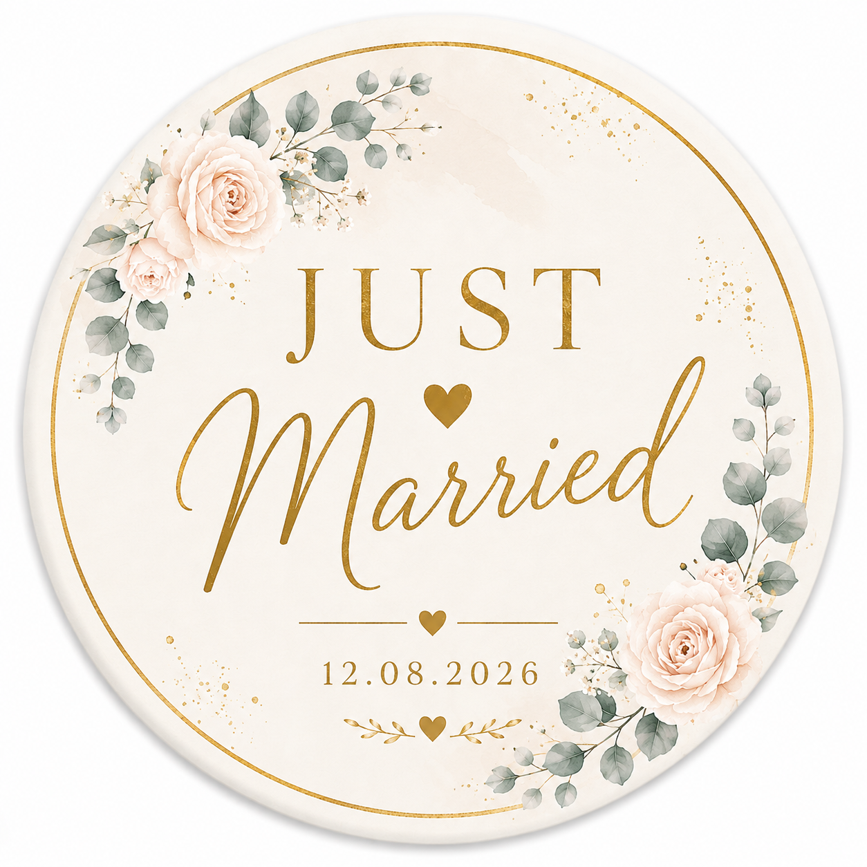 Personalisierter Just Married  Hochzeits-Button mit Datum – inkl. Vorschau vor dem Druck