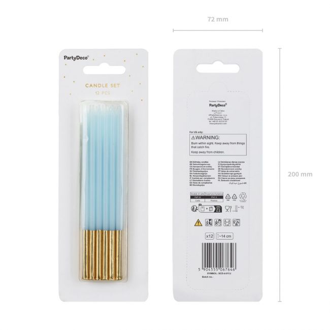 PartyDeco Kerzen Babyblau/Gold 12stk.