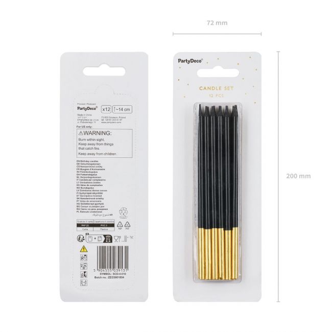 PartyDeco Kerzen Schwarz/Gold 12stk.