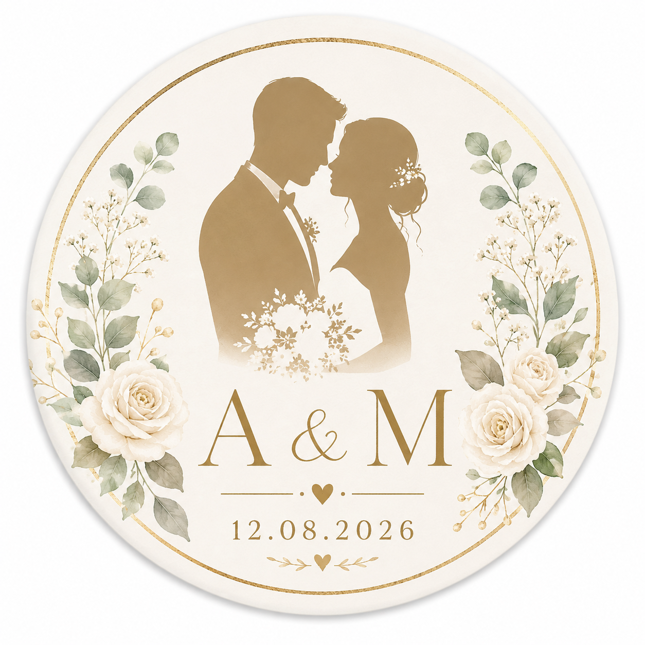Personalisierter Hochzeits-Button mit Silhouette – Mit Namen, Datum – inkl. Vorschau vor dem Druck