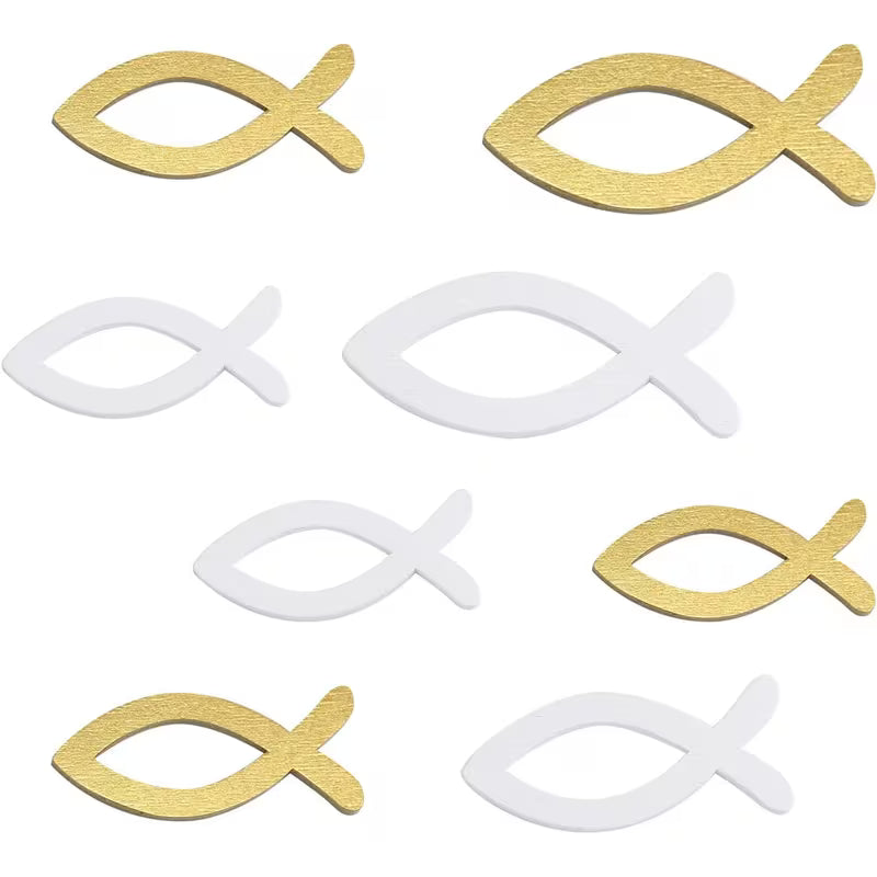 90 Holz Fisch Ornamente in Weiß und Gold